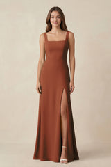 Terracotta Square Neck A-Line Bridesmaid Dress With Slit | KISSBRIDAL