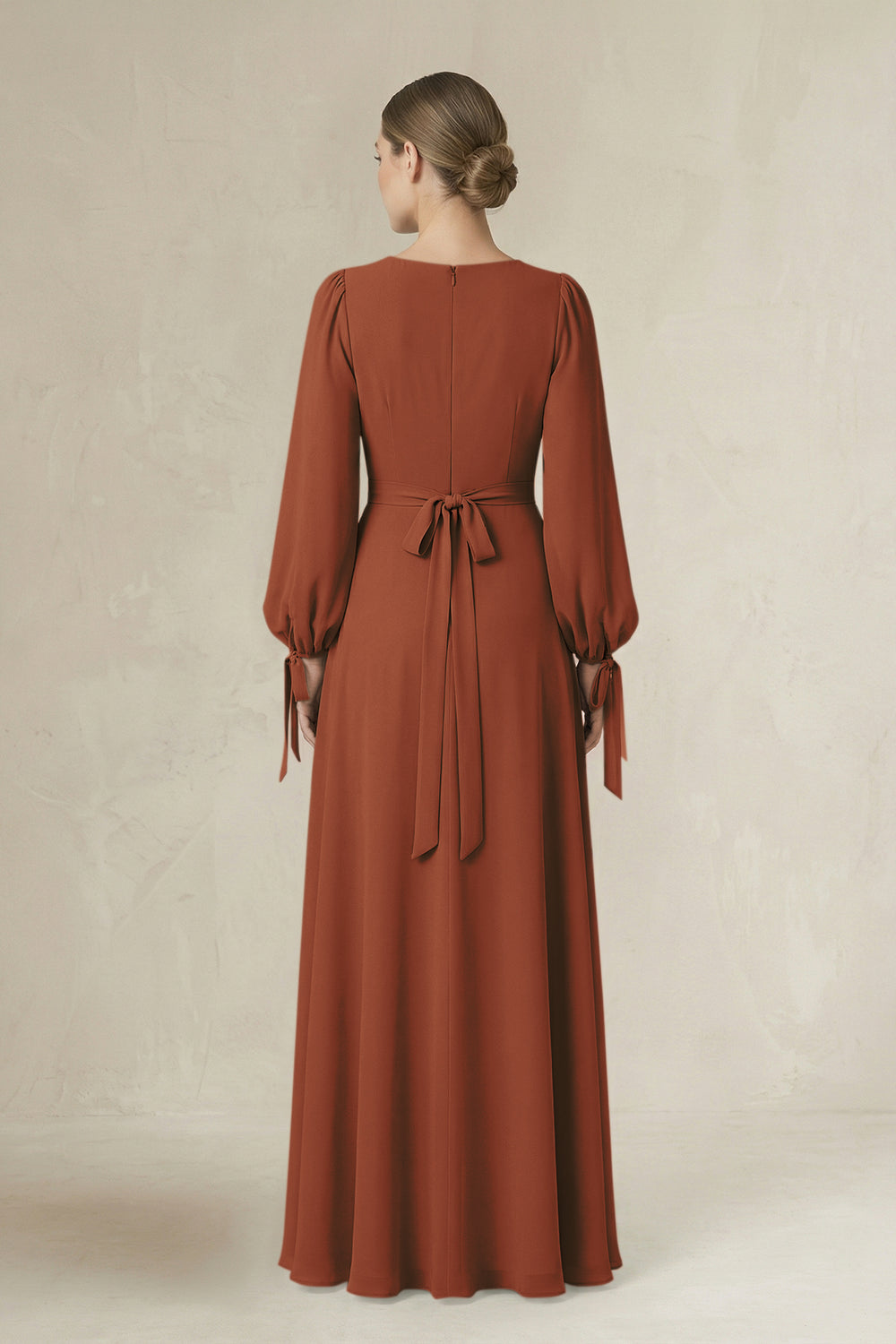 Square Neck Long Sleeve A-Line Chiffon Bridesmaid Dress in Terracotta