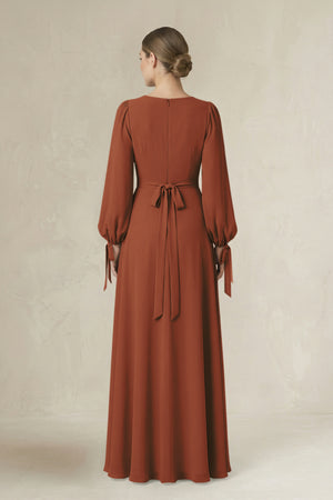 Terracotta Square Neck Long Sleeve A-Line Chiffon Bridesmaid Dress in Terracotta (2) | KISSBRIDAL