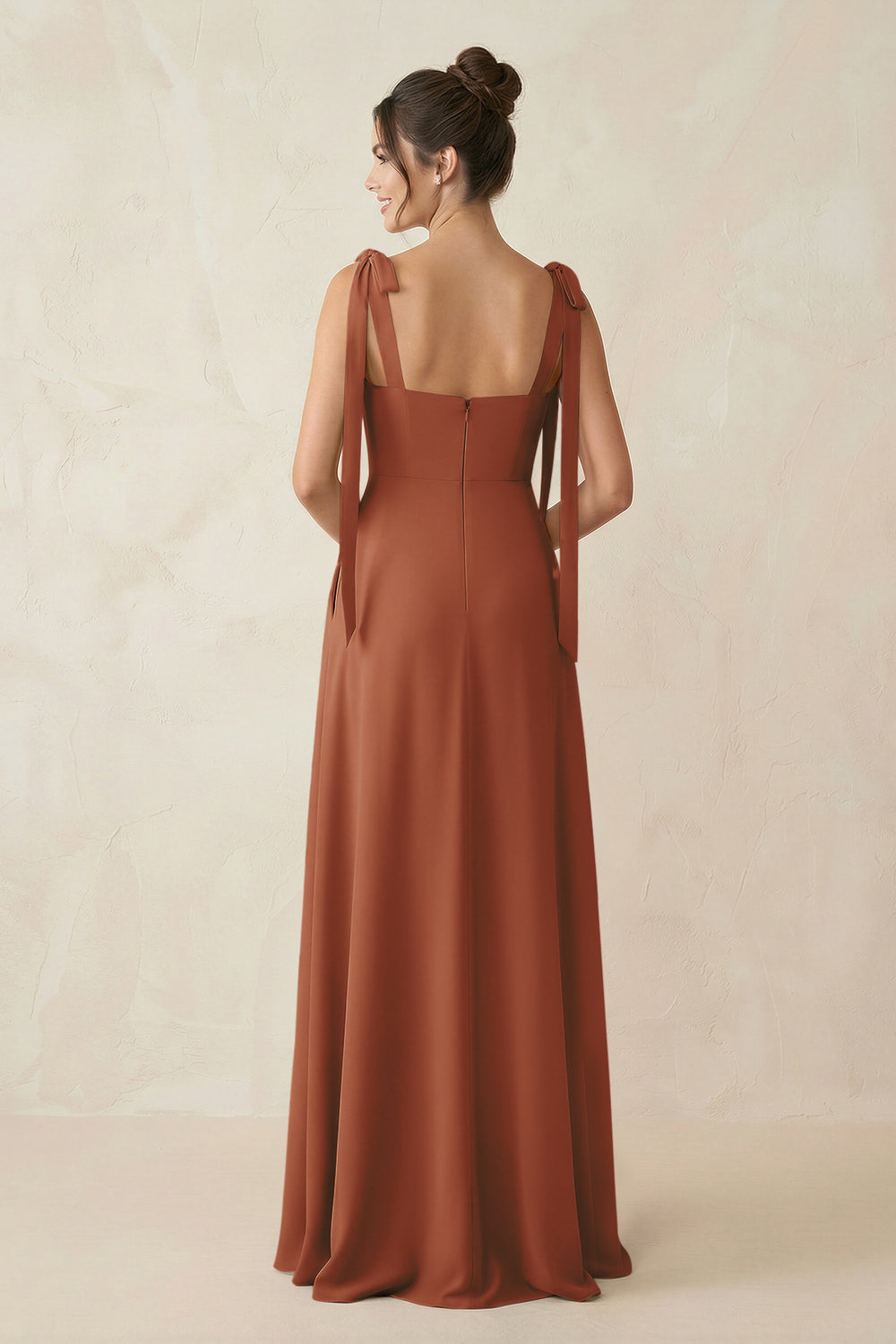 Square Neck Sheath Chiffon Bridesmaid Dress with Bow in Terracotta