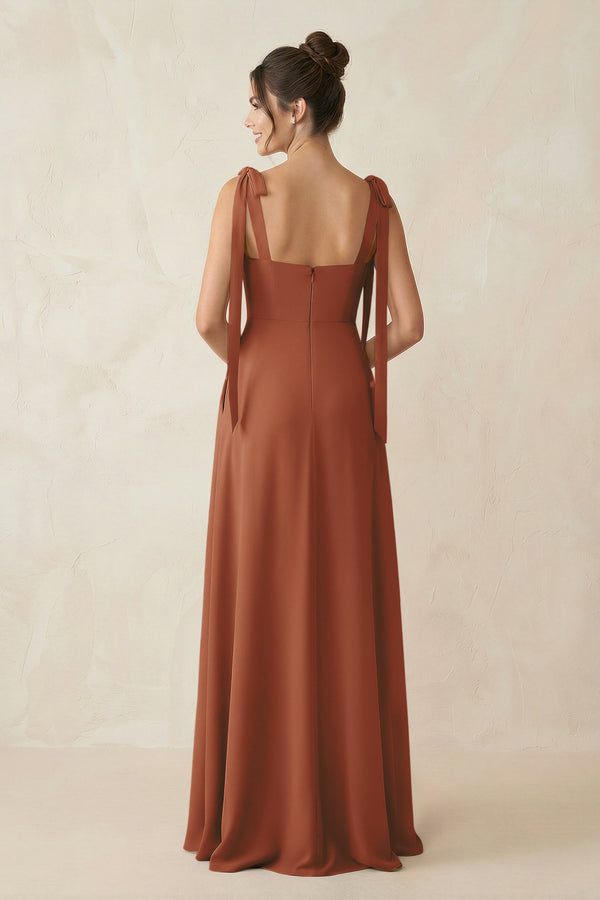 Terracotta Square Neck Sheath Chiffon Bridesmaid Dress with Bow (2) | KISSBRIDAL