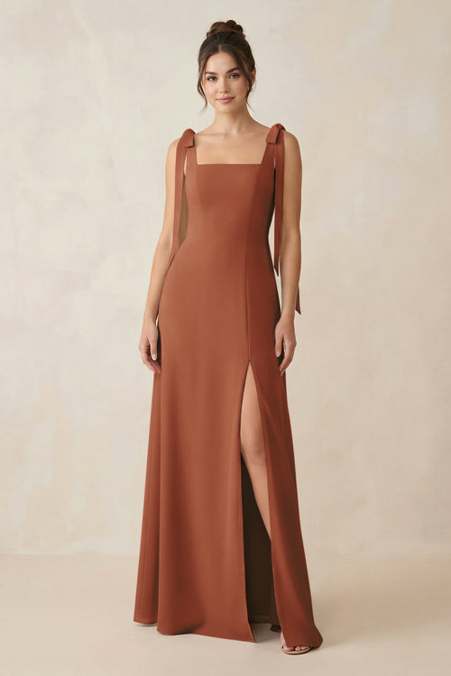 Terracotta Square Neck Sheath Chiffon Bridesmaid Dress with Bow | KISSBRIDAL