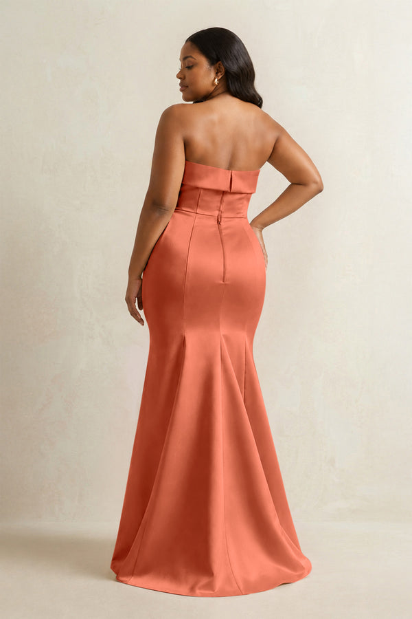 Terracotta Strapless Satin Mermaid Bridesmaid Dress (4) [sizeplus] | KISSBRIDAL