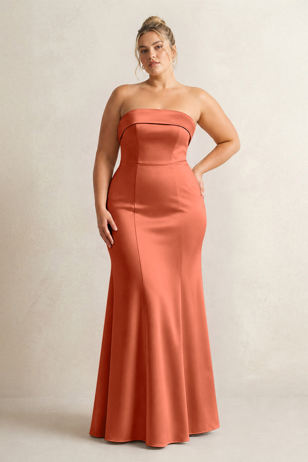 Terracotta Strapless Satin Mermaid Bridesmaid Dress [sizeplus] | KISSBRIDAL
