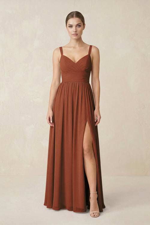 Terracotta Sweetheart A-Line Chiffon Bridesmaid Dress with Slit in Terracotta | KISSBRIDAL