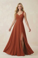 Terracotta Sweetheart A-Line Chiffon Long Bridesmaid Dress | KISSBRIDAL