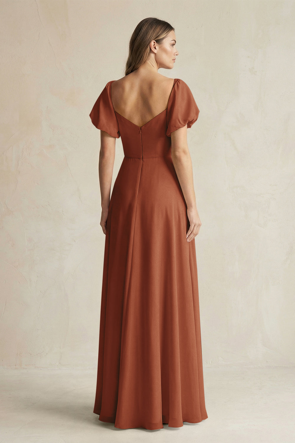 Sweetheart Puff Sleeve A-Line Chiffon Bridesmaid Dress in Terracotta