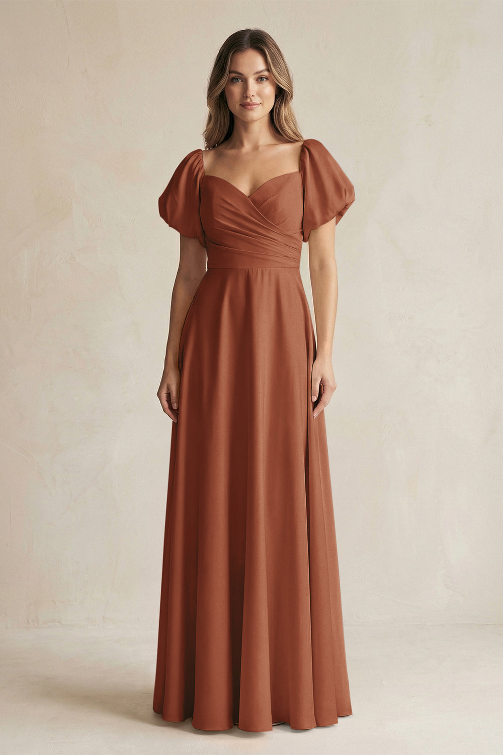 Sweetheart Puff Sleeve A-Line Chiffon Bridesmaid Dress in Terracotta