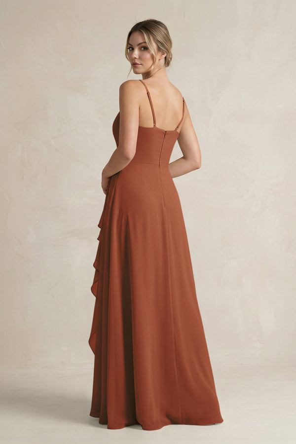 Terracotta Sweetheart Ruffled A-Line Chiffon Bridesmaid Dress with Slit (2) | KISSBRIDAL