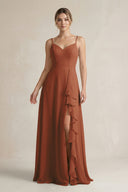 Terracotta Sweetheart Ruffled A-Line Chiffon Bridesmaid Dress with Slit | KISSBRIDAL
