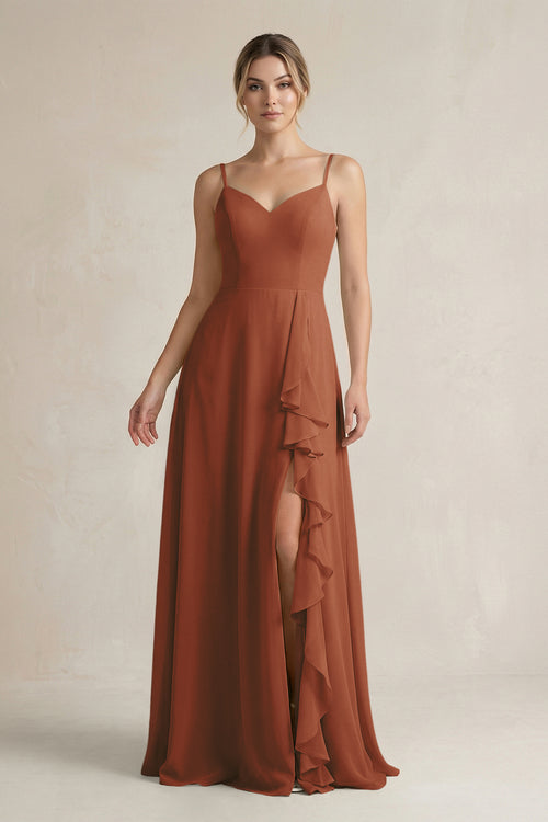 Terracotta Sweetheart Ruffled A-Line Chiffon Bridesmaid Dress with Slit | KISSBRIDAL