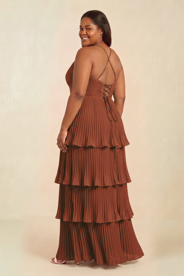Terracotta Tiered Pleated V-Neck A-Line Chiffon Bridesmaid Dress (2) [sizeplus] | KISSBRIDAL