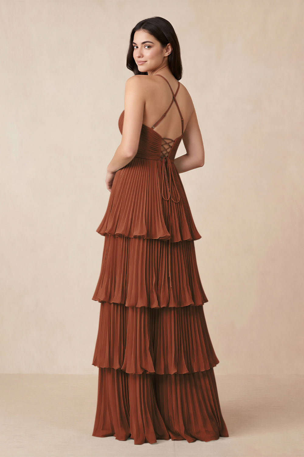 Tiered Pleated V-Neck A-Line Chiffon Bridesmaid Dress in Terracotta