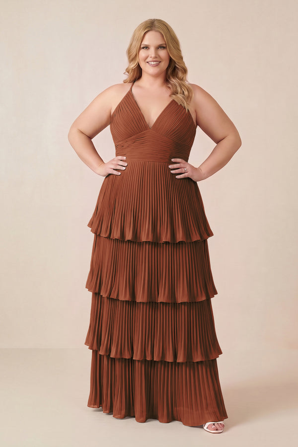 Terracotta Tiered Pleated V-Neck A-Line Chiffon Bridesmaid Dress (3) [sizeplus] | KISSBRIDAL