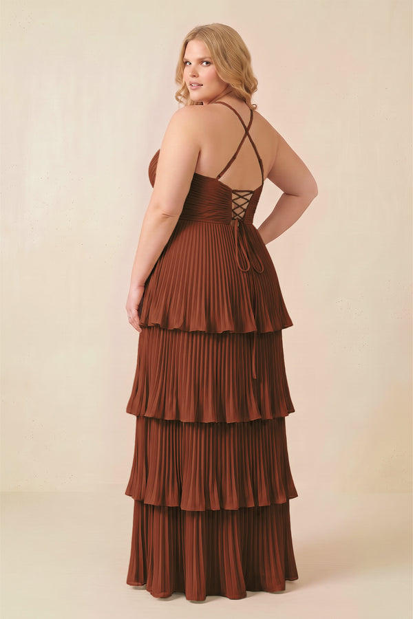 Terracotta Tiered Pleated V-Neck A-Line Chiffon Bridesmaid Dress (4) [sizeplus] | KISSBRIDAL