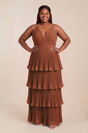 Terracotta Tiered Pleated V-Neck A-Line Chiffon Bridesmaid Dress [sizeplus] | KISSBRIDAL
