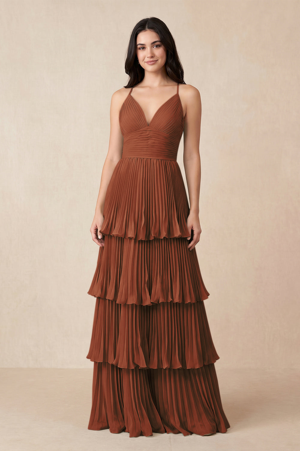 Tiered Pleated V-Neck A-Line Chiffon Bridesmaid Dress in Terracotta