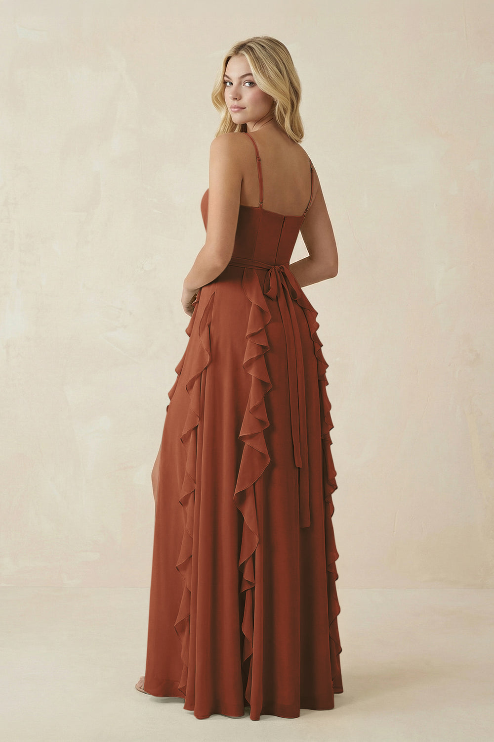 Tiered Ruffle A-Line Chiffon Bridesmaid Dress in Terracotta