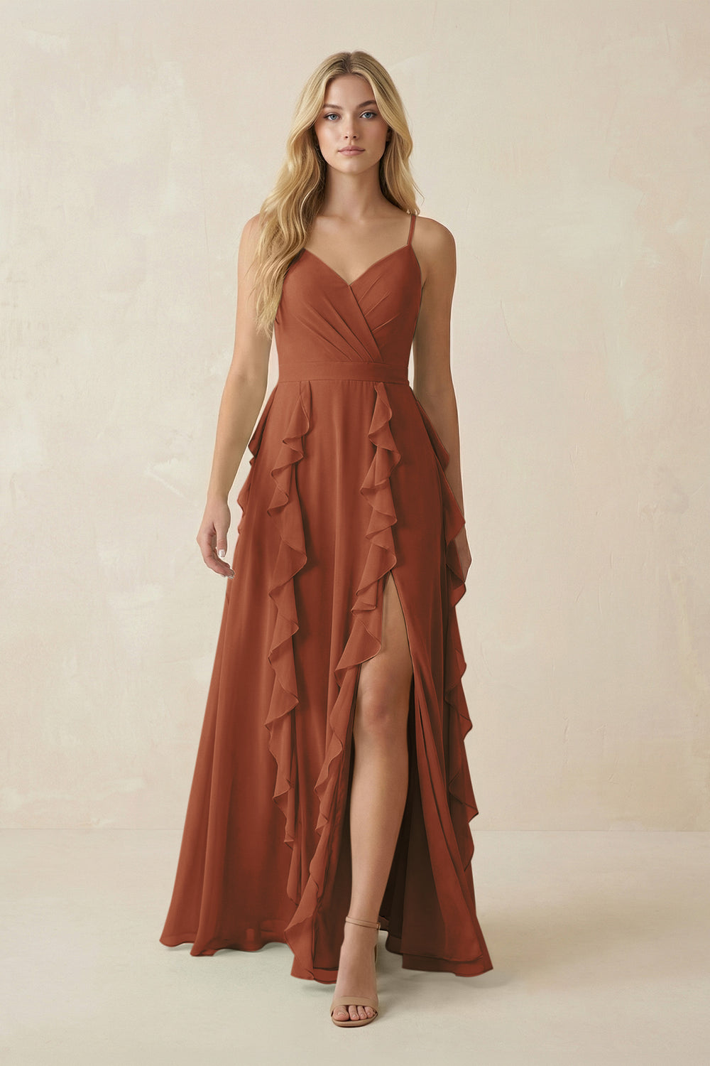 Tiered Ruffle A-Line Chiffon Bridesmaid Dress in Terracotta