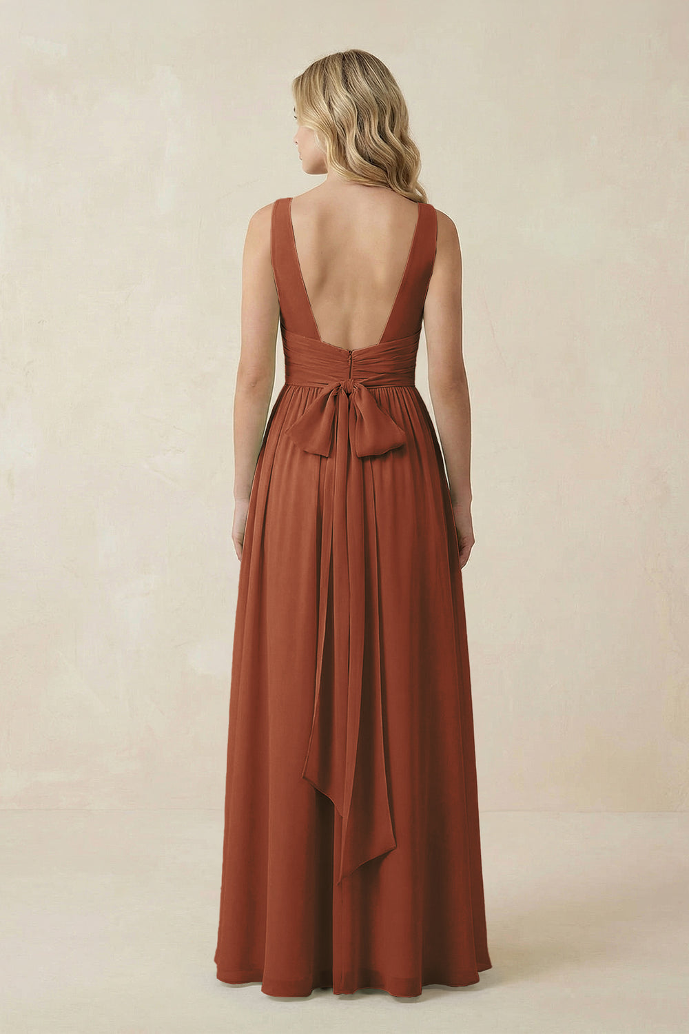 V-Neck A-Line Bridesmaid Dress with Back Bow in Terracotta
