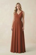 Terracotta V-Neck A-Line Bridesmaid Dress with Back Bow | KISSBRIDAL