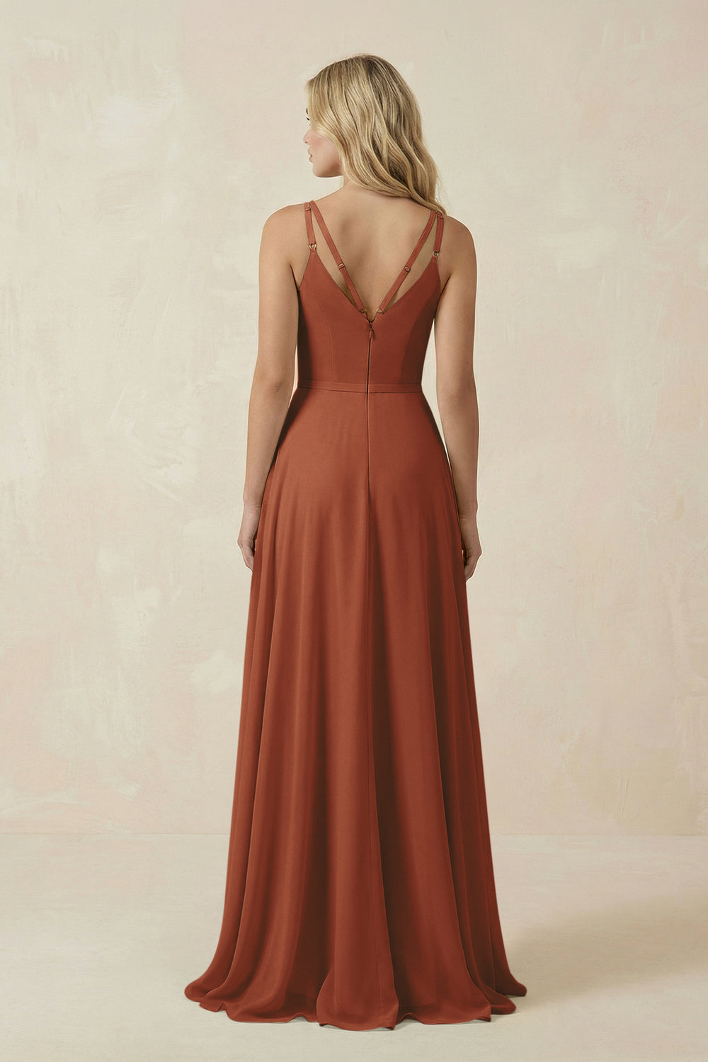 V-Neck A-Line Chiffon Bridesmaid Dress with Crisscross Back in Terracotta