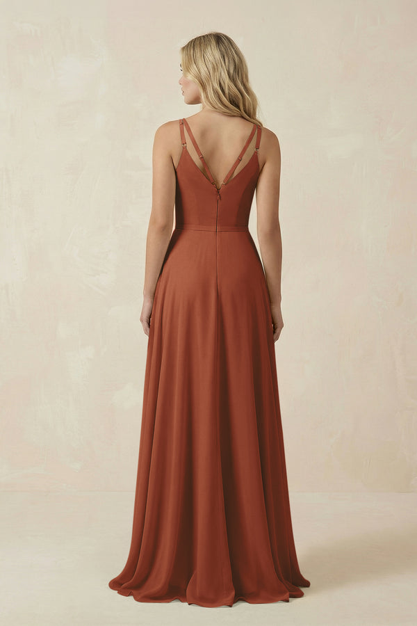 Terracotta V-Neck A-Line Chiffon Bridesmaid Dress with Crisscross Back (2) | KISSBRIDAL