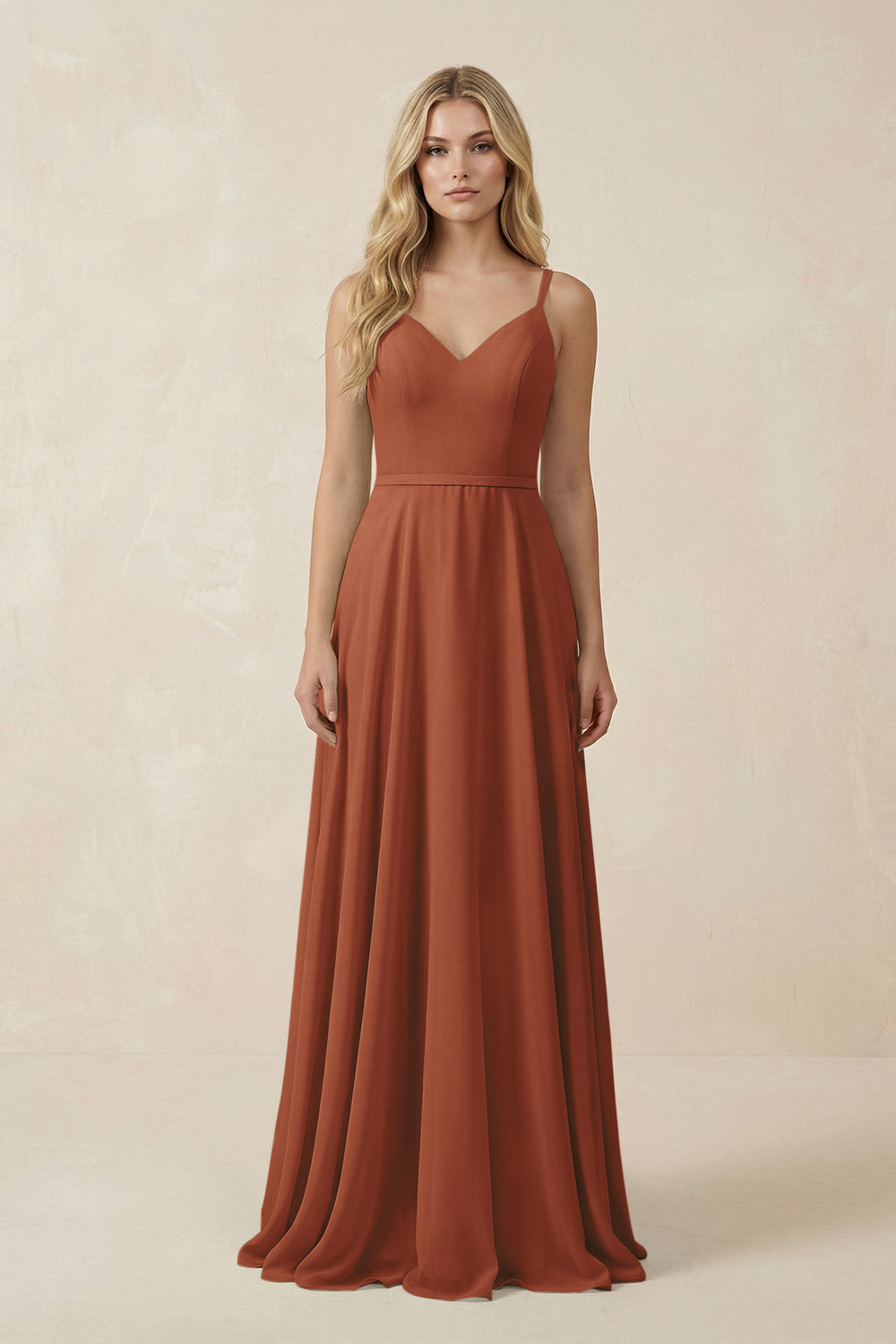 V-Neck A-Line Chiffon Bridesmaid Dress with Crisscross Back in Terracotta