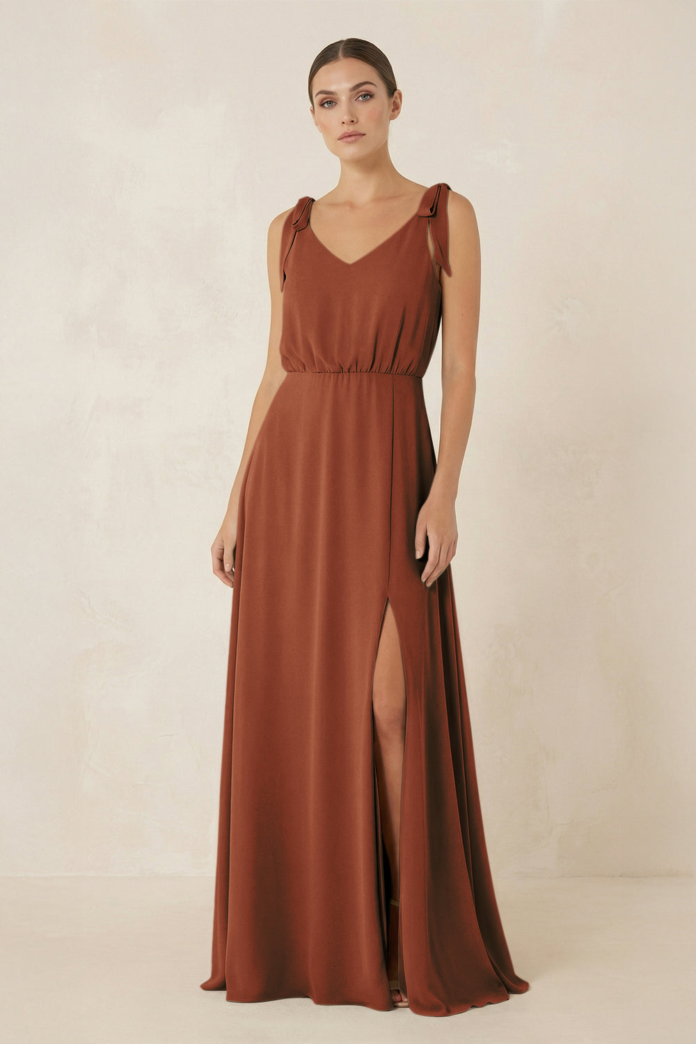 V-Neck A-Line Chiffon Bridesmaid Dress in Terracotta