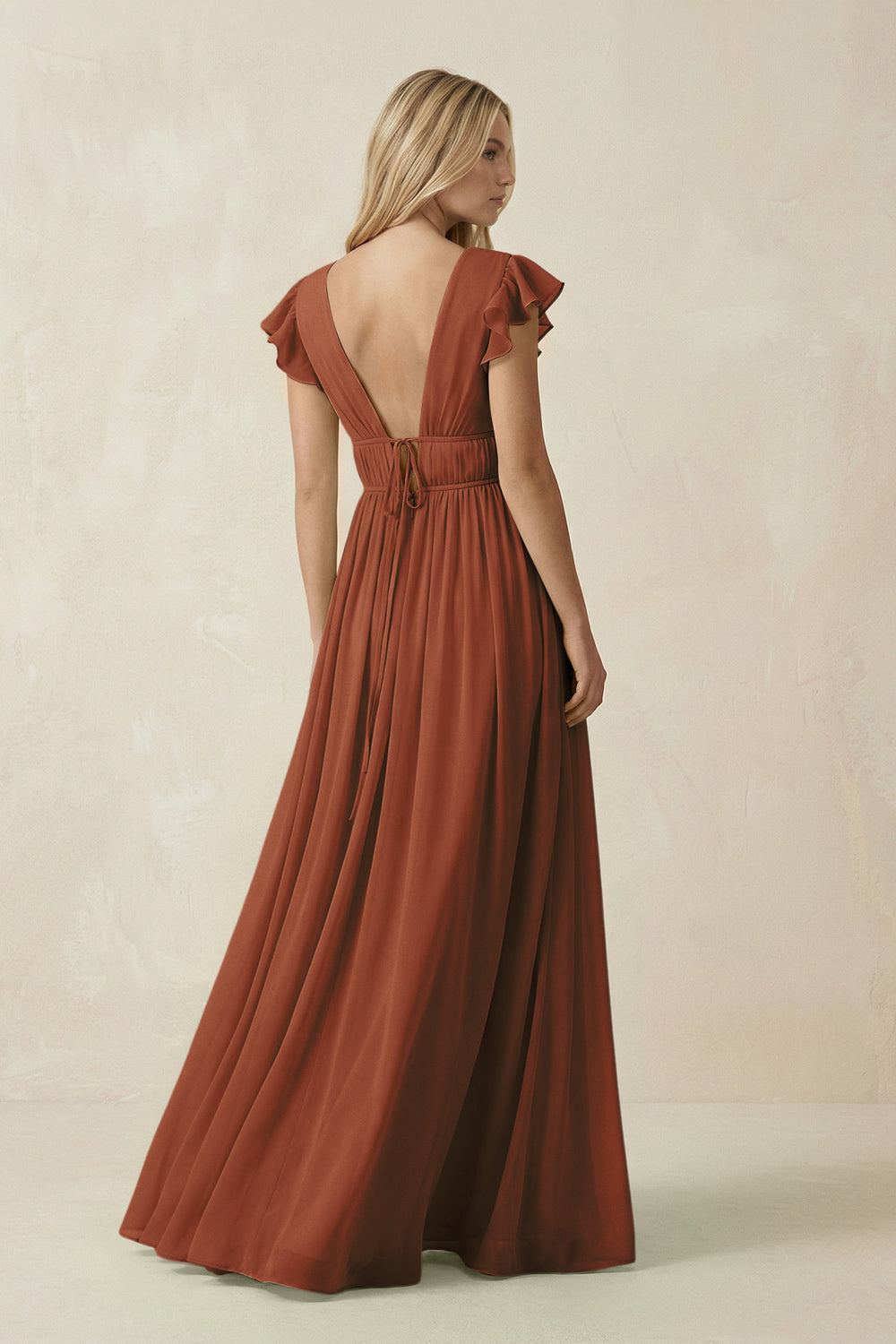 V-Neck A-Line Chiffon Cap Sleeves Bridesmaid Dress in Terracotta