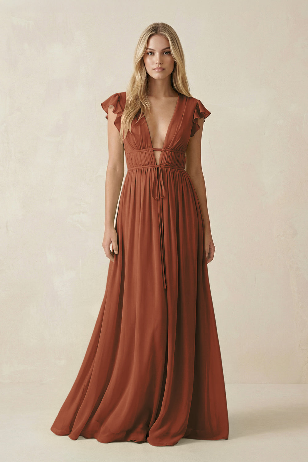 V-Neck A-Line Chiffon Cap Sleeves Bridesmaid Dress in Terracotta