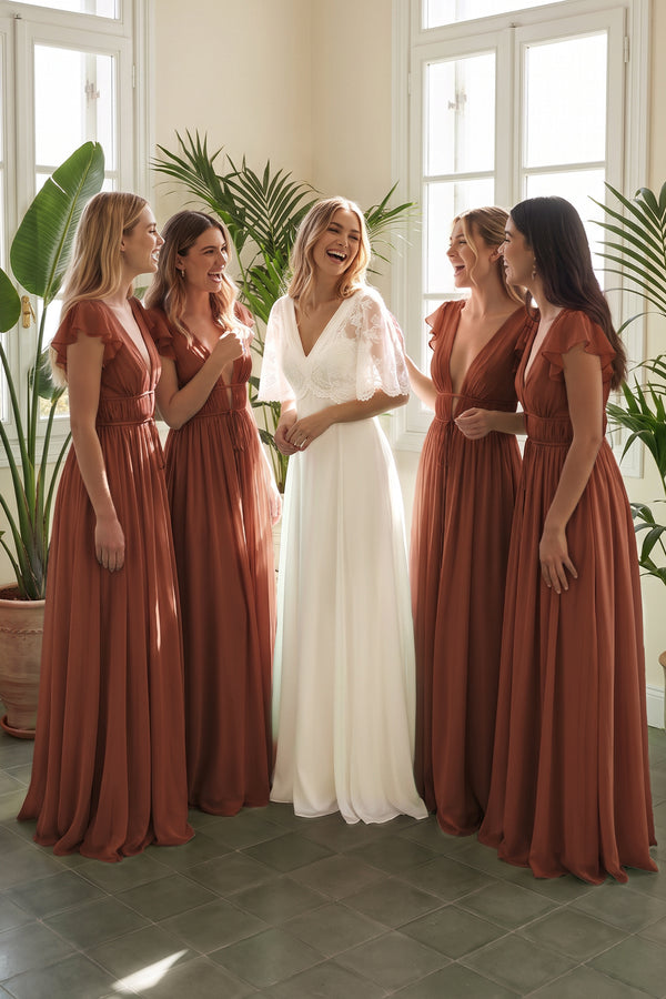 Terracotta V-Neck A-Line Chiffon Cap Sleeves Bridesmaid Dress | KISSBRIDAL
