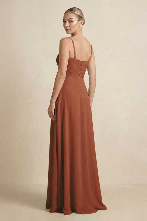 Terracotta V-Neck A-Line Chiffon Pleated Bridesmaid Dress (2) | KISSBRIDAL