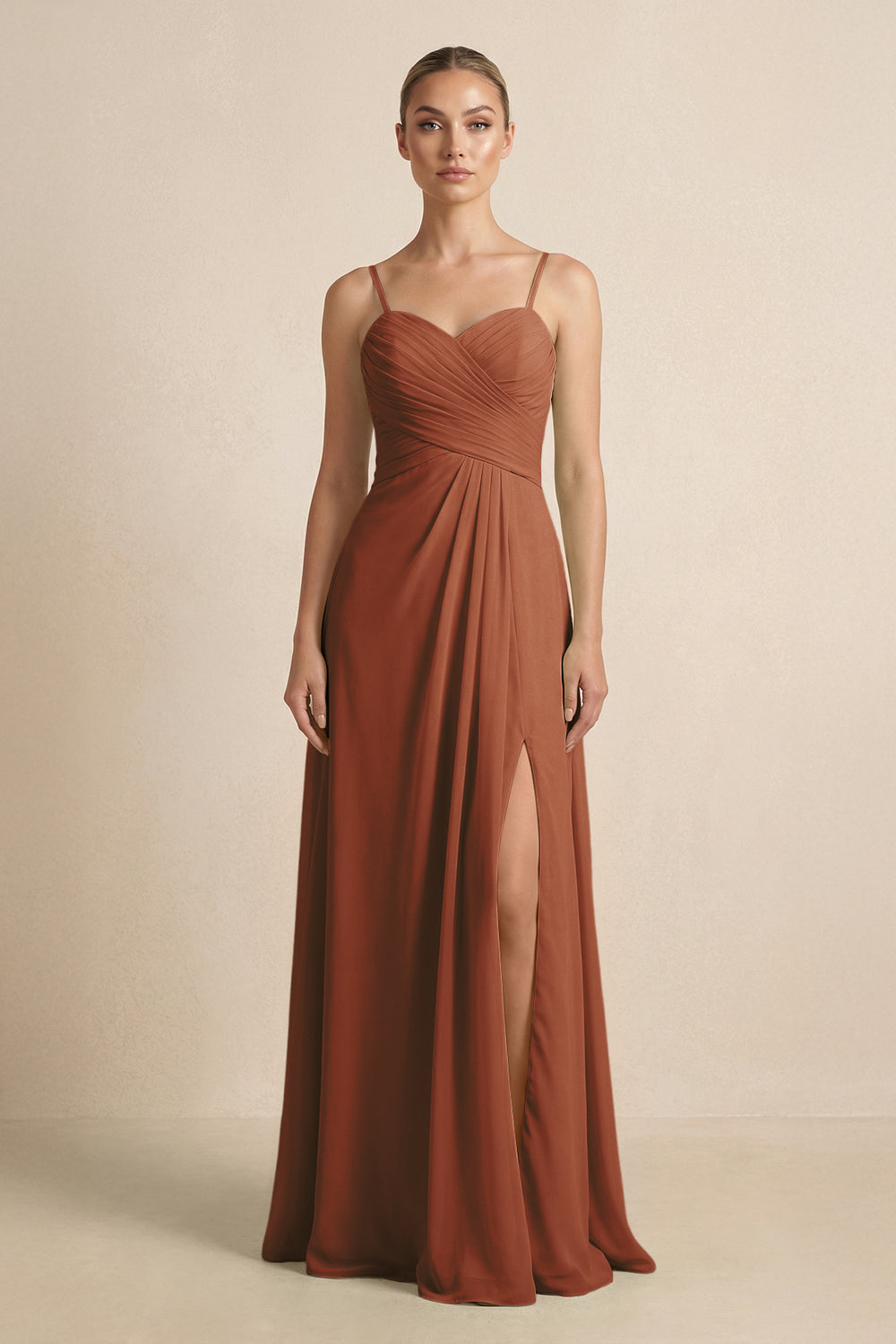 V-Neck A-Line Chiffon Pleated Bridesmaid Dress in Terracotta
