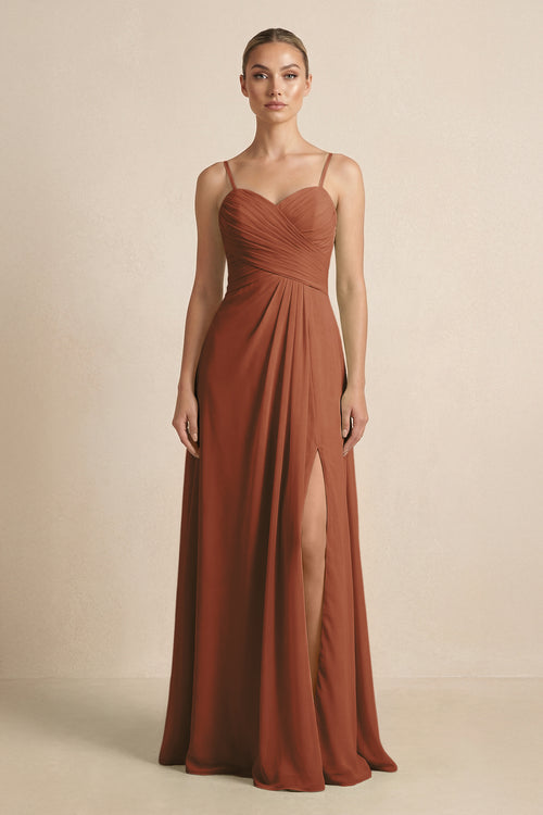 Terracotta V-Neck A-Line Chiffon Pleated Bridesmaid Dress | KISSBRIDAL