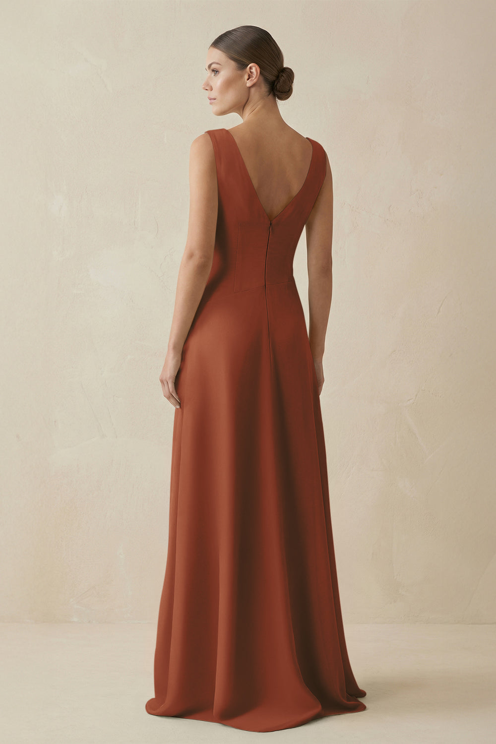 V-Neck A-Line Chiffon Ruffled Bridesmaid Dress in Terracotta