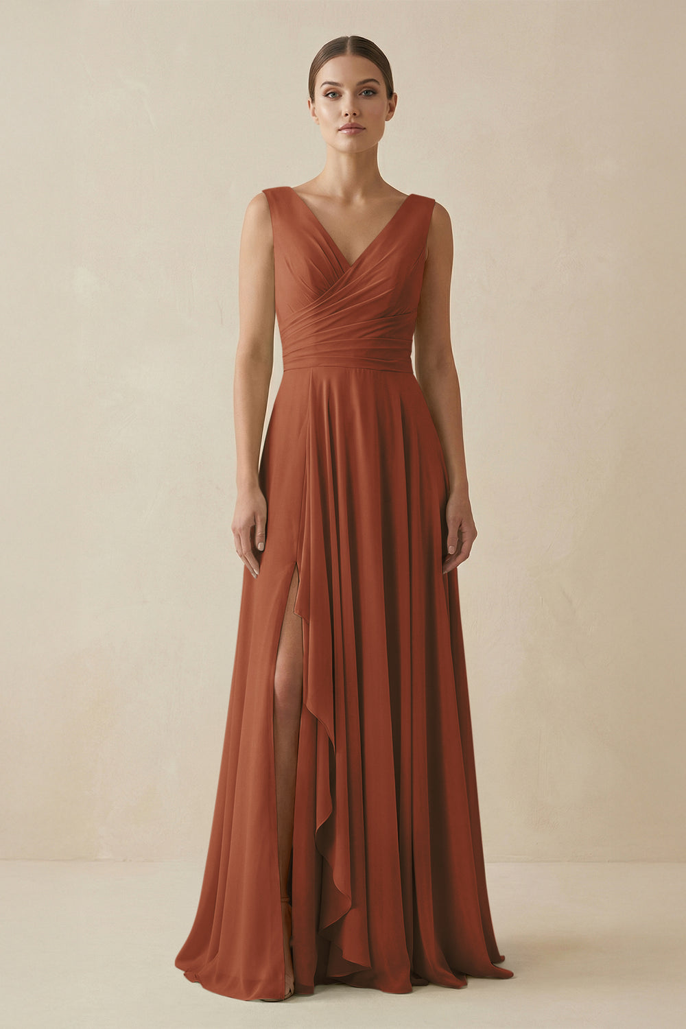 V-Neck A-Line Chiffon Ruffled Bridesmaid Dress in Terracotta