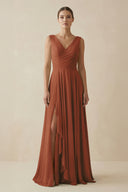 Terracotta V-Neck A-Line Chiffon Ruffled Bridesmaid Dress | KISSBRIDAL