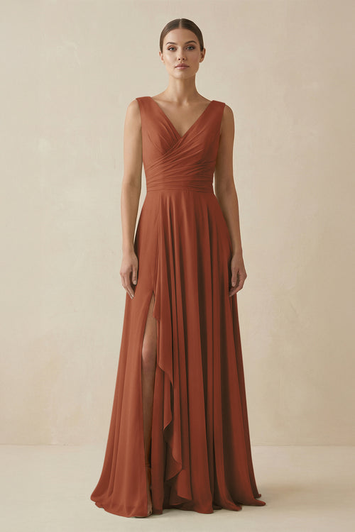 Terracotta V-Neck A-Line Chiffon Ruffled Bridesmaid Dress | KISSBRIDAL