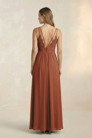 Terracotta V-Neck A-Line Pleated Chiffon Bridesmaid Dress (2) | KISSBRIDAL