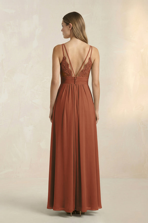 Terracotta V-Neck A-Line Pleated Chiffon Bridesmaid Dress (2) | KISSBRIDAL