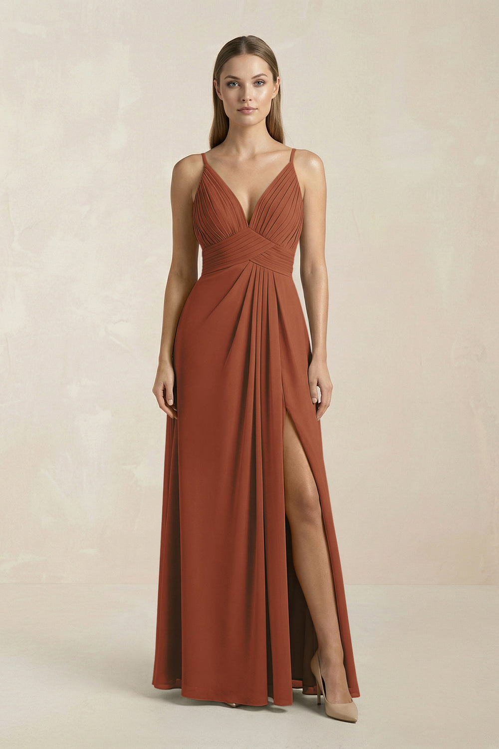V-Neck A-Line Pleated Chiffon Bridesmaid Dress in Terracotta