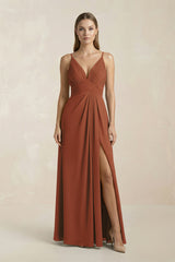 Terracotta V-Neck A-Line Pleated Chiffon Bridesmaid Dress | KISSBRIDAL