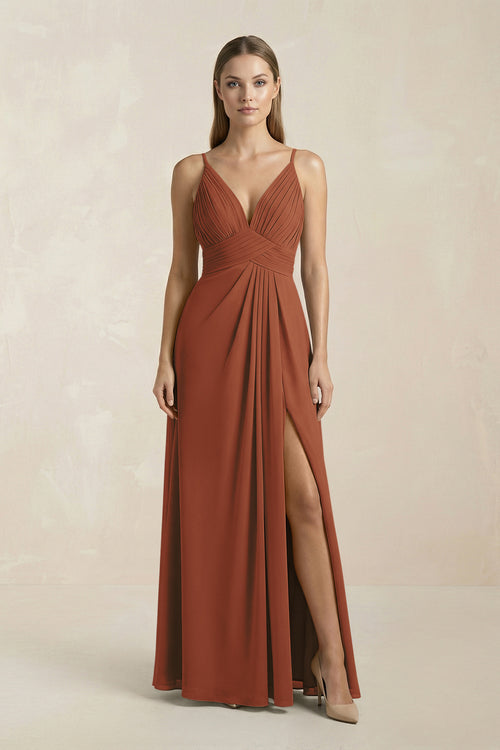 Terracotta V-Neck A-Line Pleated Chiffon Bridesmaid Dress | KISSBRIDAL