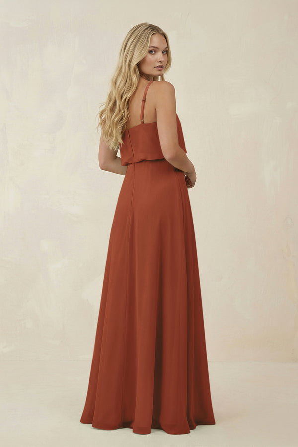 Terracotta V-Neck Blouson A-Line Chiffon Bridesmaid Dress (2) | KISSBRIDAL