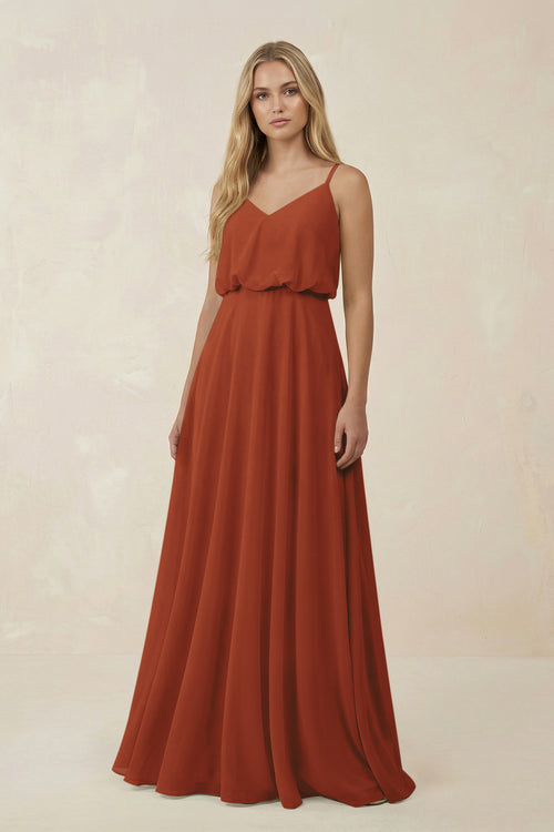 Terracotta V-Neck Blouson A-Line Chiffon Bridesmaid Dress | KISSBRIDAL