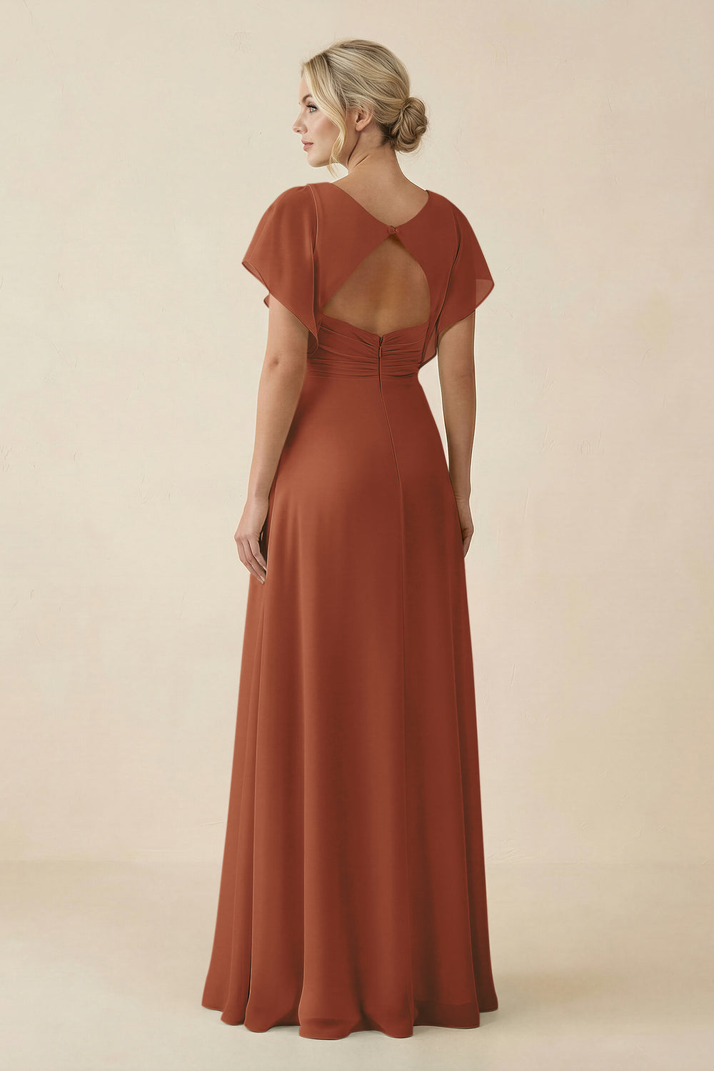 V-Neck Cap Sleeve Chiffon Bridesmaid Dress with Cut-out Back in Terracotta