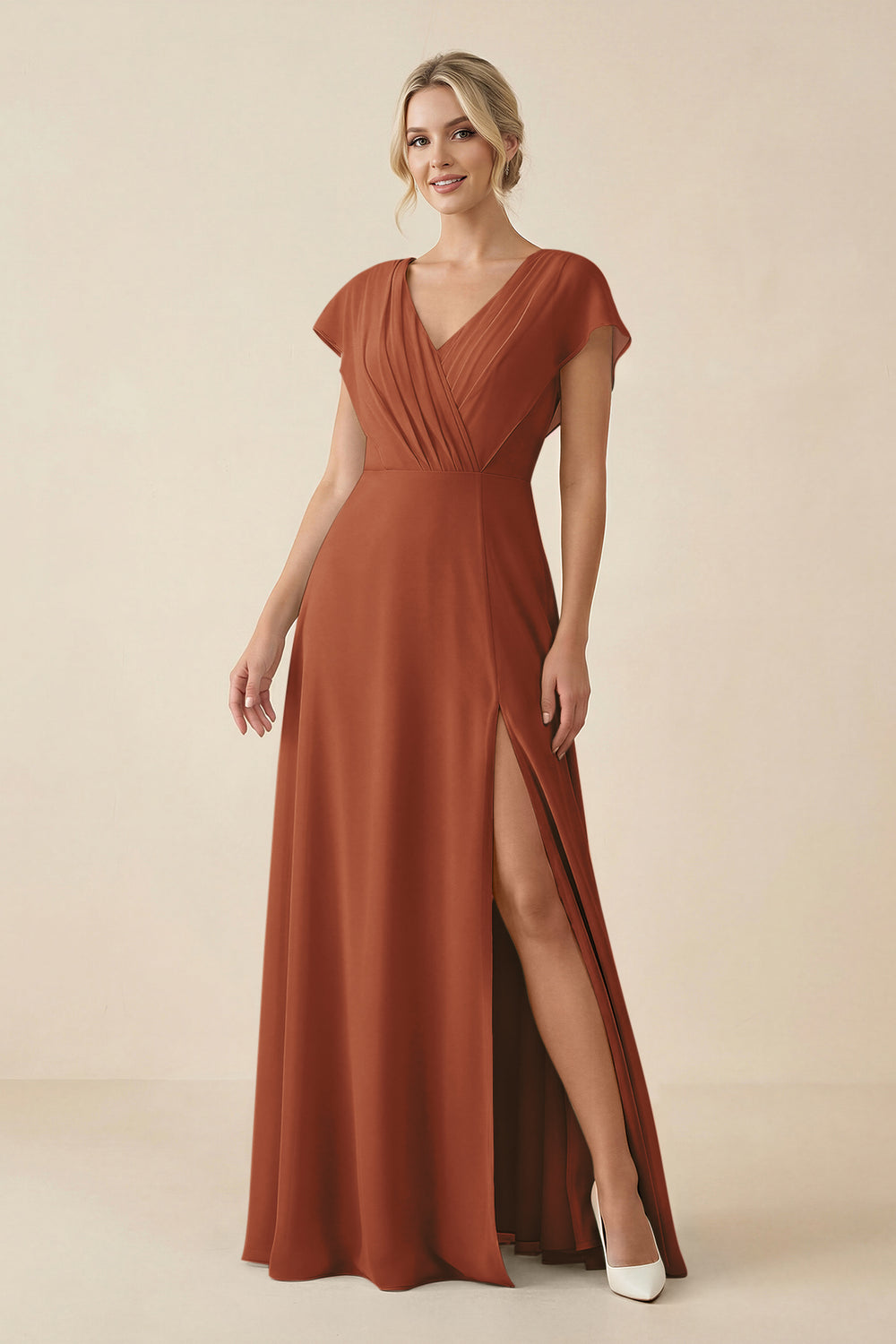 V-Neck Cap Sleeve Chiffon Bridesmaid Dress with Cut-out Back in Terracotta