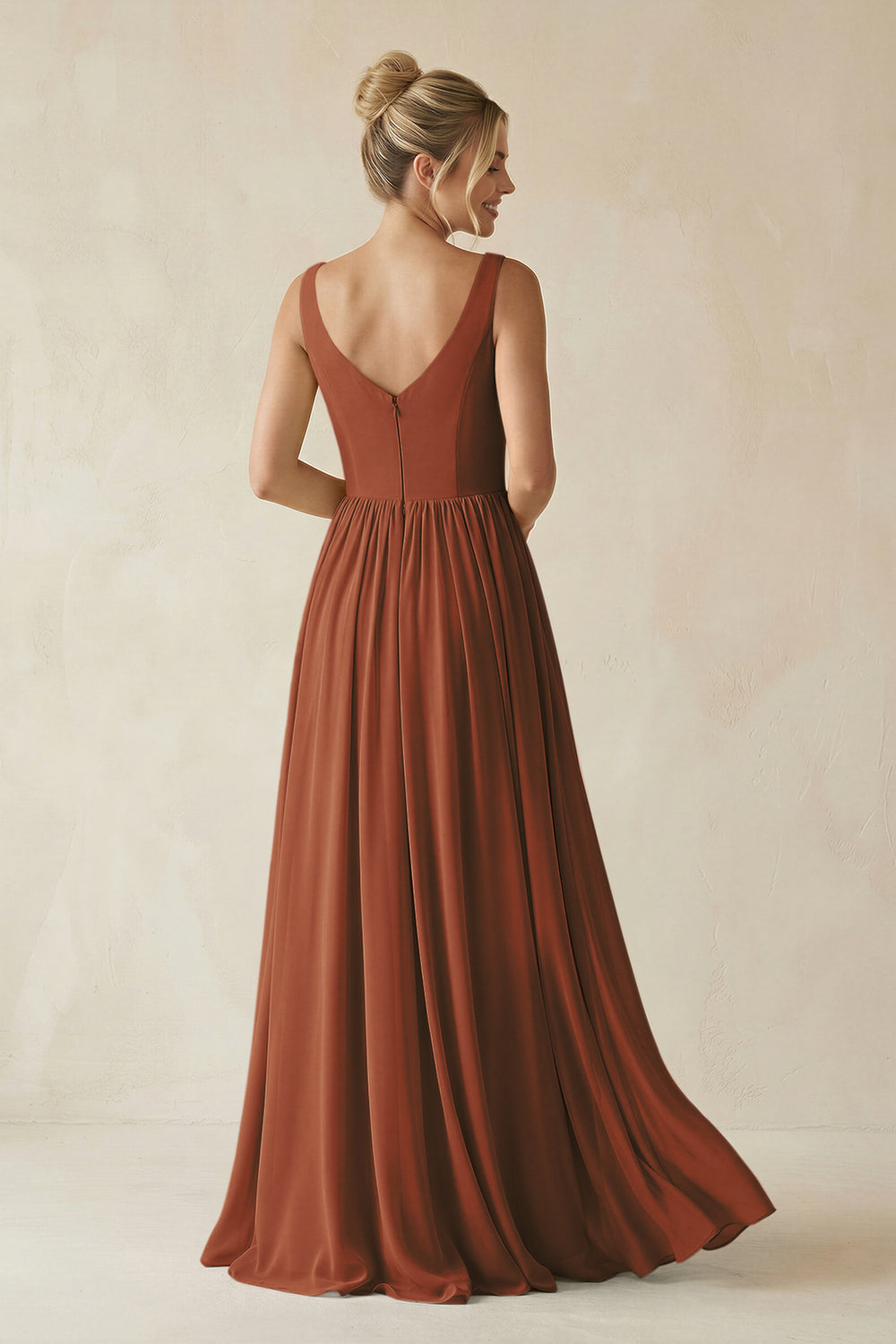 V-Neck Chiffon A-Line Long Bridesmaid Dress in Terracotta