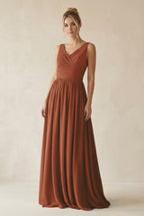 Terracotta V-Neck Chiffon A-Line Long Bridesmaid Dress | KISSBRIDAL